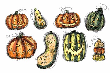 Set of hand drawn pumpkins in a scary cartoonish style. 