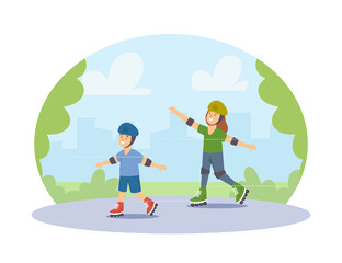 Kids in Protective Helmets Riding Roller Skates in Park. Children Family Characters Outdoors Activity, Sport Recreation