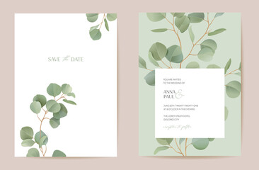 Boho realistic eucalyptus floral wedding vector frame. Watercolor tropical greenery branches border template - 455156470