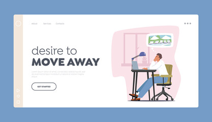 Dreaming of Summer Vacation Landing Page Template. Tired Overwork Businessman Character Emotional Burnout, Fatigue