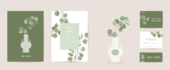 Botanical realistic wedding invitation card template design, tropical leaves greenery frame set