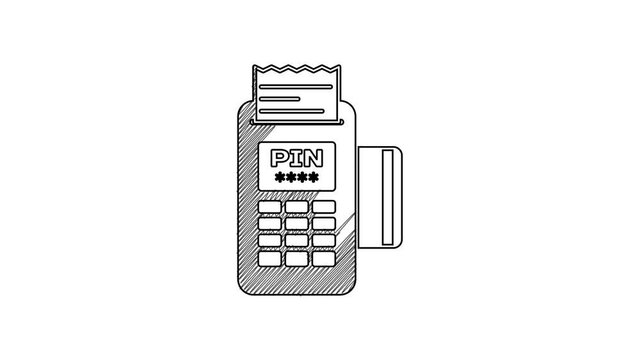 Black line POS terminal with inserted credit card and printed reciept icon isolated on white background. NFC payment concept. 4K Video motion graphic animation