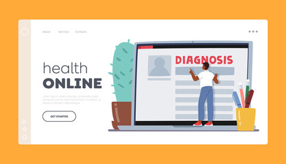 Health Online Landing Page Template. Patient Read Medicine Diagnosis Description on Laptop Screen. Smart Technology