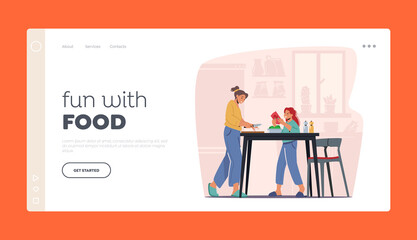 Happy Family of Mother and Daughter Cooking at Home Landing Page Template. Woman Teach Girl Prepare Food on Kitchen