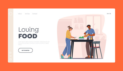 Family Cooking at Home Landing Page Template. Man and Woman Prepare Dinner with Fresh Products on Table. Couple Cook
