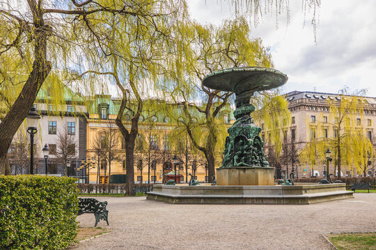 Stockholm, Sweden - Apr 30th 2021: Molins Fountain by Swedish sculptor Johan Peter Molin (1873) at Kungstradgarden (Kings Garden)