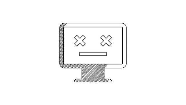 Black line Dead monitor icon isolated on white background. 404 error like pc with dead emoji. Fatal error in pc system. 4K Video motion graphic animation