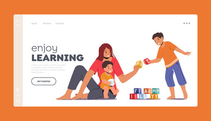 Parent Playing with Children Landing Page Template. Happy Family Leisure. Loving Mom and Kids Learning Sparetime