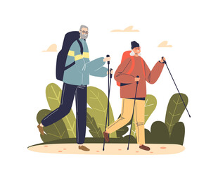 Senior couple of elderly man and woman hikers travel with backpack. Active Leisure for older concept