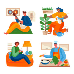 Vector flat hand drawn illustration in modern style. 
Collection of people are doing their hobbies: playing music, growing plants, knitting, cooking.