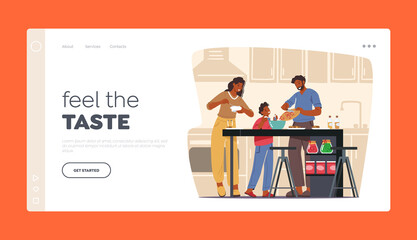 Happy Family Cooking at Home Landing Page Template. Mother, Father and Little Son Preparing Food on Kitchen