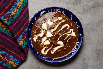 Mexican food. Enchiladas with mole sauce also called Enmoladas on grey background
