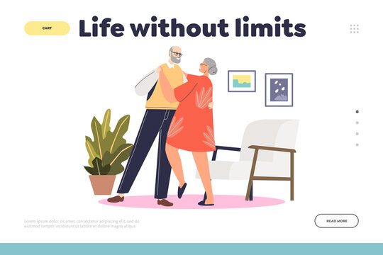 Life without limits concept of landing page with happy senior couple in love dancing tango