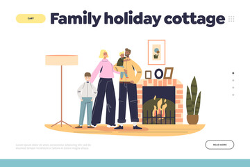 Family holiday cottage concept of landing page with parents with kids at fireplace in vacation house