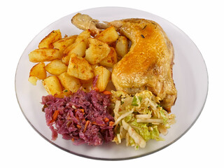 Food on a glass plate, chicken leg, potatoes, salad, white background