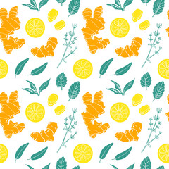 Seamless pattern with ginger, curcuma, lemon, mint, thyme. Colorful sketch collection of herbs and spices isolated on white background. Doodle hand drawn healthy food icons. Vector illustration