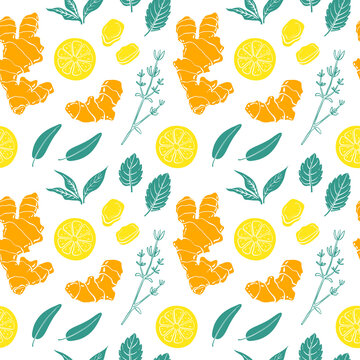 Seamless pattern with ginger, curcuma, lemon, mint, thyme. Colorful sketch collection of herbs and spices isolated on white background. Doodle hand drawn healthy food icons. Vector illustration