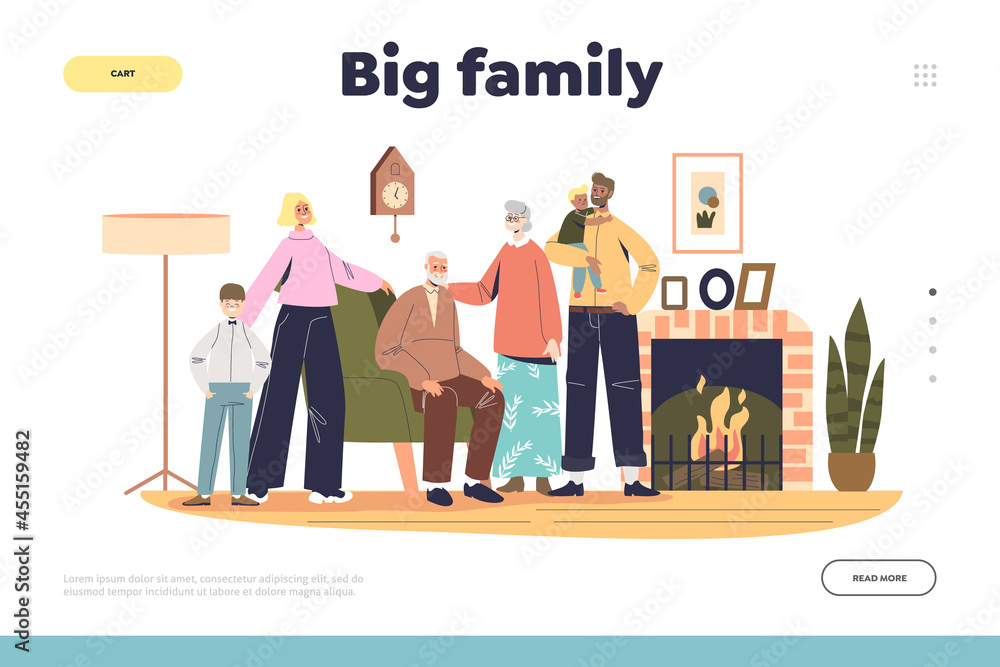 Poster big family gathering landing page with kids, parents and grandparents together at fireplace