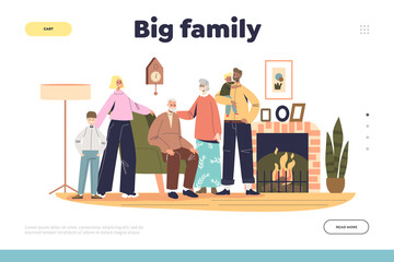 Big family gathering landing page with kids, parents and grandparents together at fireplace