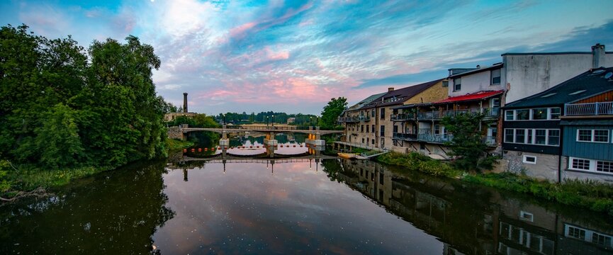 Sunrise downtown the village of Elora, Ontario, Canada along the Grand River in Centre Wellington