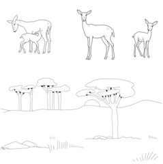Sketch of the African savanna. Vector set of antelopes