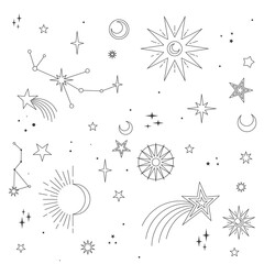 Astral elements vector design. Cosmic, celestial background. Stars, planets, sun, cosmos linear icons. © Matias