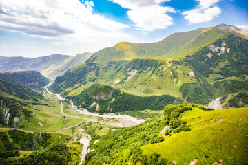 Scenic views of Georgia mountains and canyons from above around Kazbek mountain