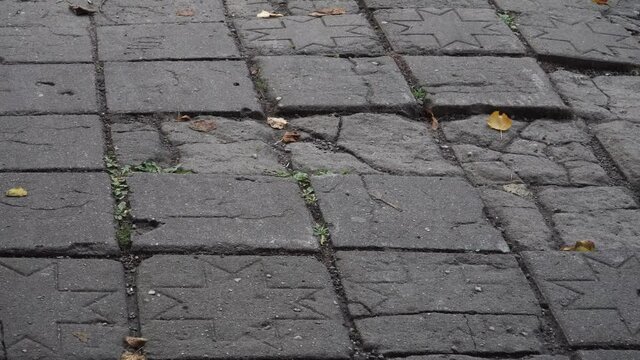 An old pedestrian sidewalk in Latvia. The worn concrete slabs surface in a close-up view with a decorative pattern with famous Latvian symbols called Morning Star. 