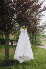 Beautiful white lace dress of the bride hangs on a hanger on a tree in a park in nature.