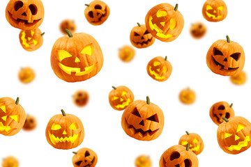 Falling Halloween pumpkin isolated on white background, selective focus