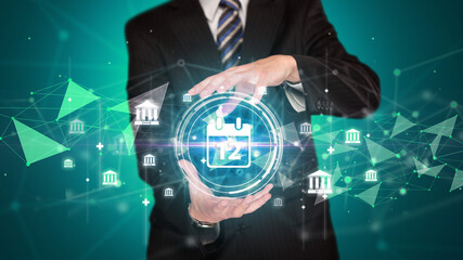 Businessman holdig business icons concept