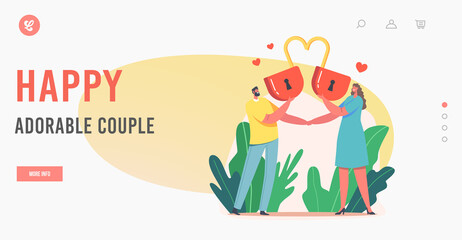 Fototapeta premium Happy Adorable Couple Landing Page Template. Loving Man and Woman Hold Huge Red Heart Padlock. Love, Romantic Dating