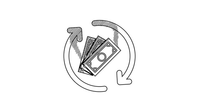 Black line Refund money icon isolated on white background. Financial services, cash back concept, money refund, return on investment, savings account. 4K Video motion graphic animation