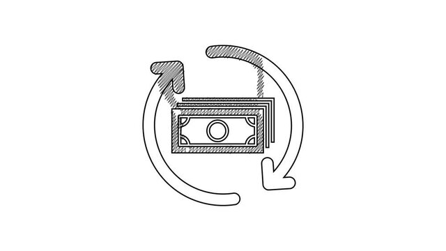 Black line Refund money icon isolated on white background. Financial services, cash back concept, money refund, return on investment, savings account. 4K Video motion graphic animation