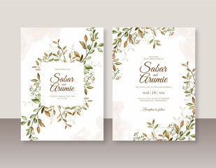 Elegant wedding invitation template with watercolor foliage