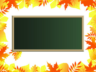 Banner with autumn bright leaves. Bright leaves of trees with a school board and place for text. The vector is made in a flat style. Suitable for cards or invitations.