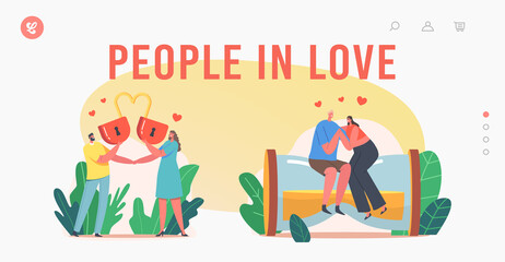 People in Love Landing Page Template. Happy Couples Relations. Loving Male and Female Characters with Heart Lock