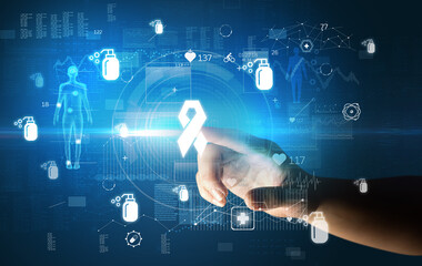 Doctor hand pressing futuristic health device with medical symbol on screen