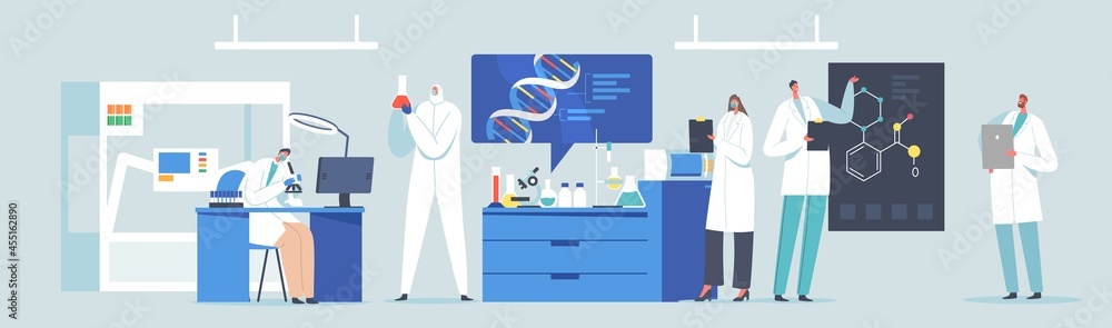 Poster scientific laboratory research or experiment process. scientists characters working with dna, lookin