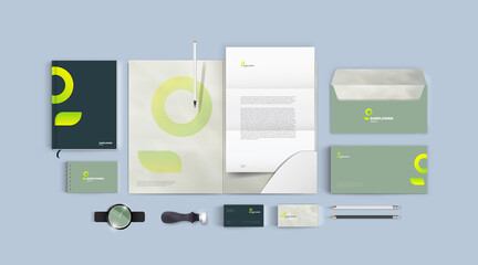 Vector branding template with green logo and colorful background. Minimalistic corporate identity mockup set.