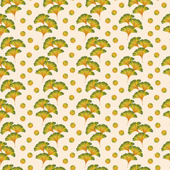 Graphic seamless pattern in retro style with ginkgo leaves. Decorative pencil textured botanical background for a thanksgiving, wedding or branding design in gold, green and yellow colors