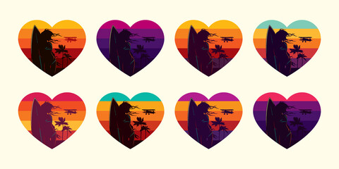 Original vector vintage set. A collection of retro sunset in the shape of a heart with a girl in a swimsuit and a surfboard.