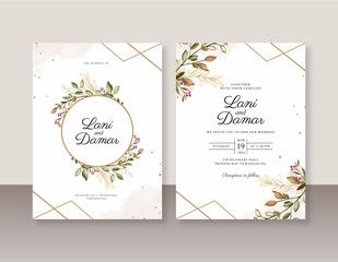 Wedding invitation template with watercolor leaves and geometric