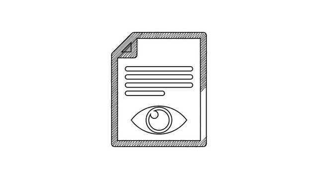 Black line Paper page with eye symbol icon isolated on white background. Open information file sign. 4K Video motion graphic animation