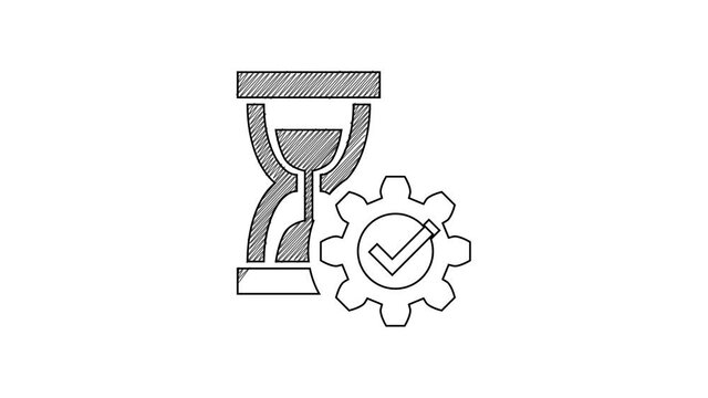 Black line Hourglass and gear icon isolated on white background. Time Management symbol. Clock and gear icon. Productivity symbol. 4K Video motion graphic animation