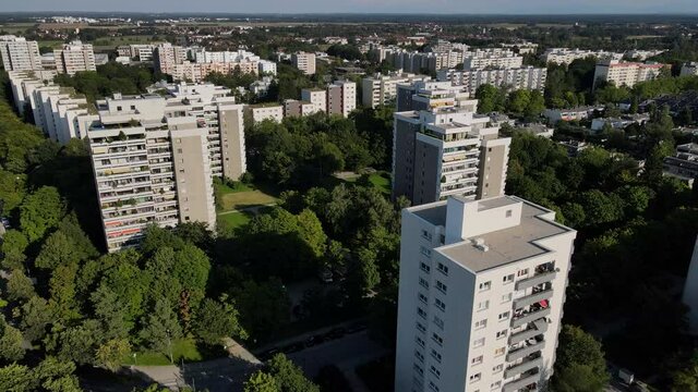 Aerial of suburban area in Munich Germany in 4k UHD, Drone view of apartments and parks, block