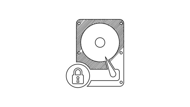 Black line Hard disk drive and lock icon isolated on white background. HHD and padlock. Security, safety, protection concept. 4K Video motion graphic animation