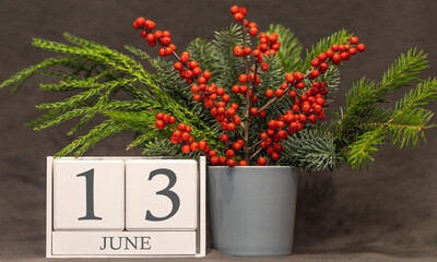 Memory and important date June 13, desk calendar - summer season.