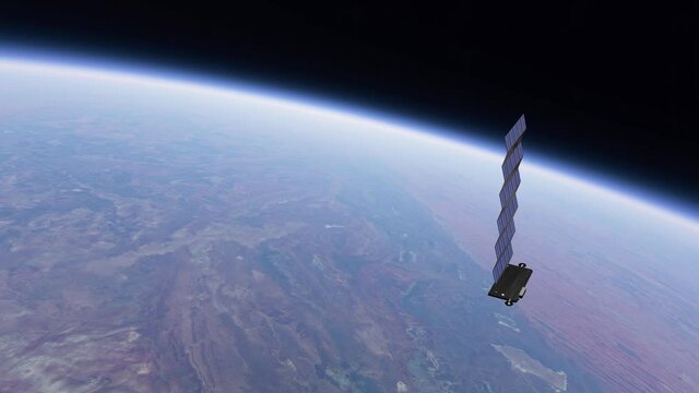 Fleet of Internet starlink satellites in orbit over earth. Animation of a line of satellites providing internet connection from space. Aerial view of satellites above earth.