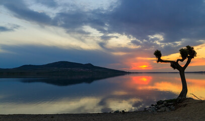 Sunset over Nove Mlyny lake in Palava region, Southern Moravia, Czech Republic